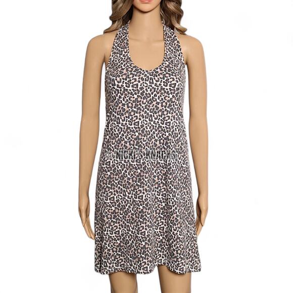 American Eagle Leopard Halter Dress Open Back Stretch Knit Y2K Mini Dress Size S - Picture 3 of 11
